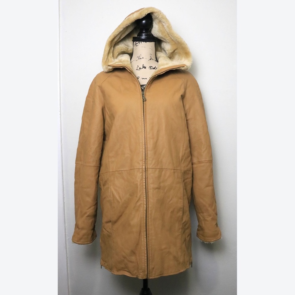 Vintage Fitz-Wright Women's Size M Camel Brown Leather Faux Fur Lined Coat Hood